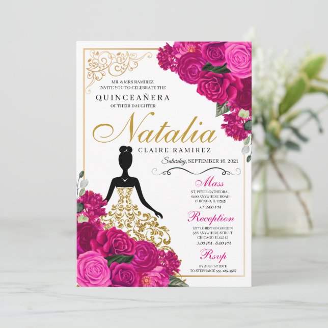 Elegant Fuchsia Pink Floral Quinceanera Birthday Invitation (Standing Front)