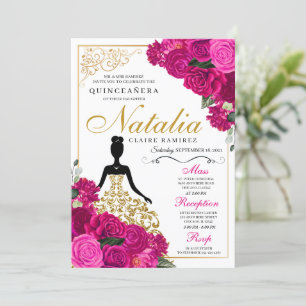 Elegant Fuchsia Pink Floral Quinceanera Birthday Invitation