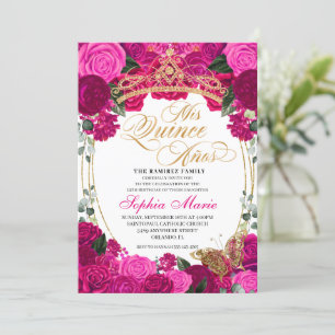 Elegant Fuchsia Pink Floral Quinceanera Birthday Invitation