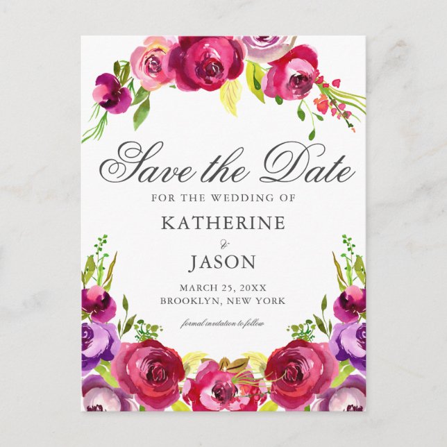 Elegant Fuchsia Pink Floral Spring Save the Date Postcard (Front)