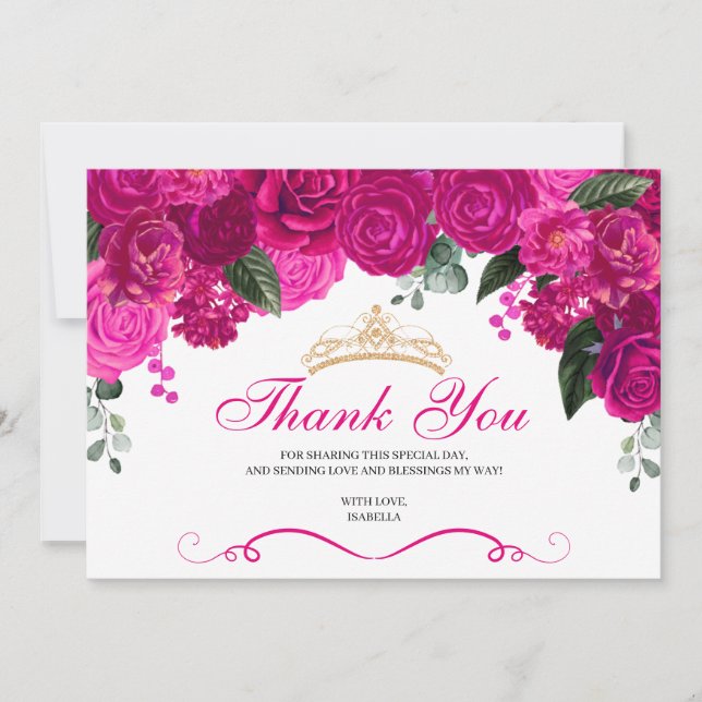 Elegant Fuchsia Pink Gold Floral Quinceanera  Thank You Card (Front)