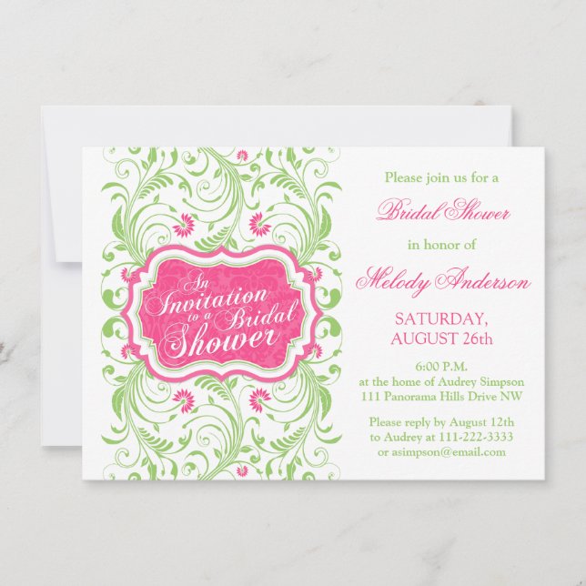 Elegant Fuchsia Pink Green Floral Bridal Shower Invitation (Front)