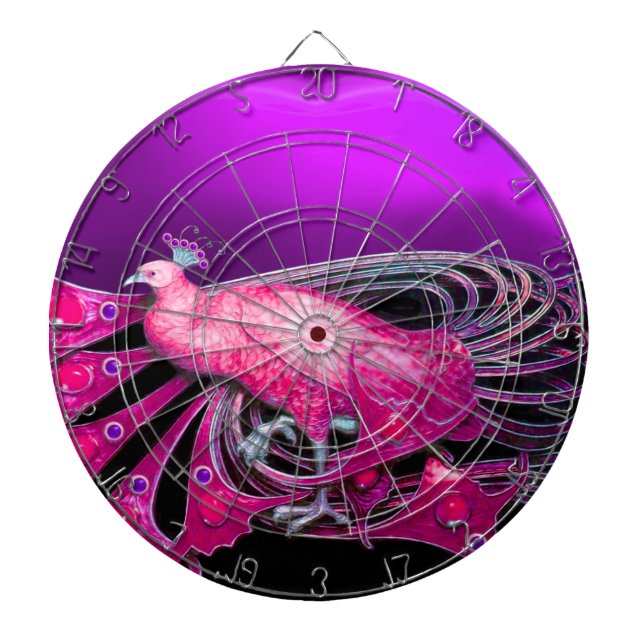 ELEGANT FUCHSIA PINK PEACOCK IN PURPLE DARTBOARD (Front)