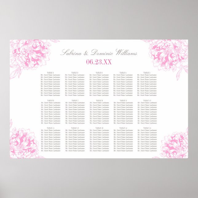 Elegant Fuchsia Pink Peony Wedding Seating Poster (Front)