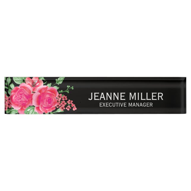 Elegant Fuchsia Pink Rose Flowers Manager Black Nameplate (Front)