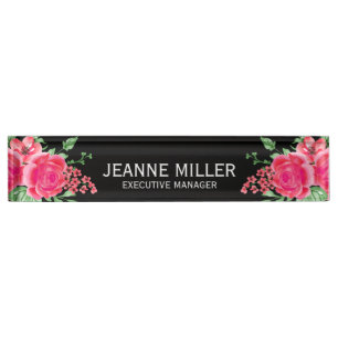 Elegant Fuchsia Pink Rose Flowers Manager Black Nameplate