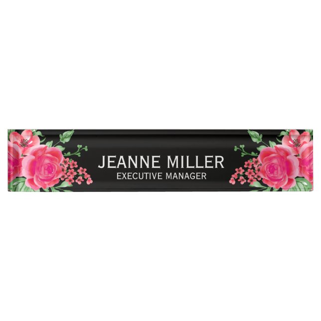 Elegant Fuchsia Pink Rose Flowers Manager Black Nameplate (Front)