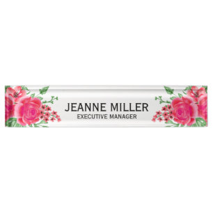 Elegant Fuchsia Pink Rose Flowers Manager White Nameplate