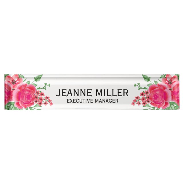 Elegant Fuchsia Pink Rose Flowers Manager White Nameplate (Front)