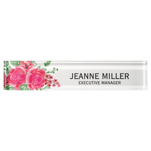 Elegant Fuchsia Pink Rose Flowers Manager White Nameplate (Front)