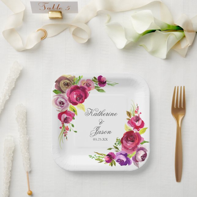 Elegant Fuchsia Pink Roses Romantic Garden Wedding Paper Plate (Wedding)