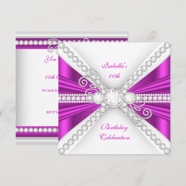 Elegant Fuchsia Pink Silver Diamond Birthday Party Invitation (Front/Back)