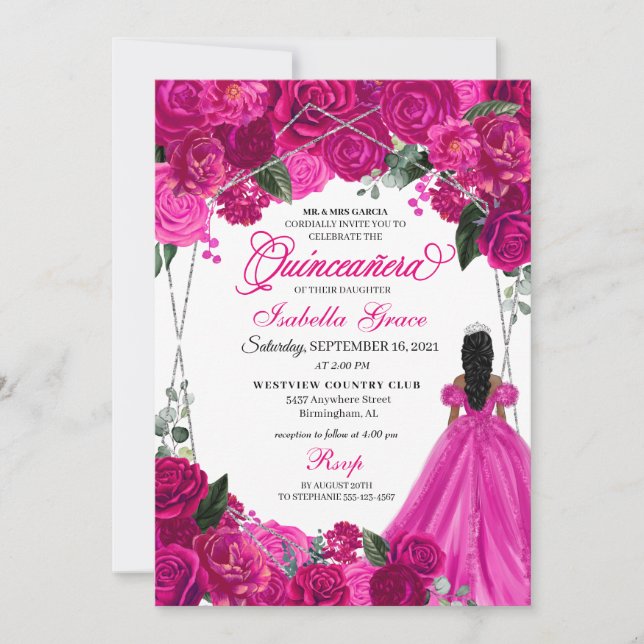 Elegant Fuchsia Pink Silver Floral Quinceanera  In Invitation (Front)