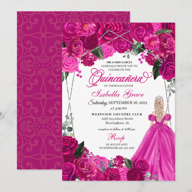 Elegant Fuchsia Pink Silver Floral Quinceanera Inv Invitation (Front/Back)