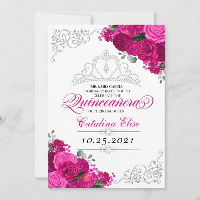 Elegant Fuchsia Pink Silver Floral Quinceanera  Invitation (Front)