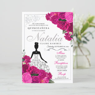 Elegant Fuchsia Pink Silver Floral Quinceanera Invitation