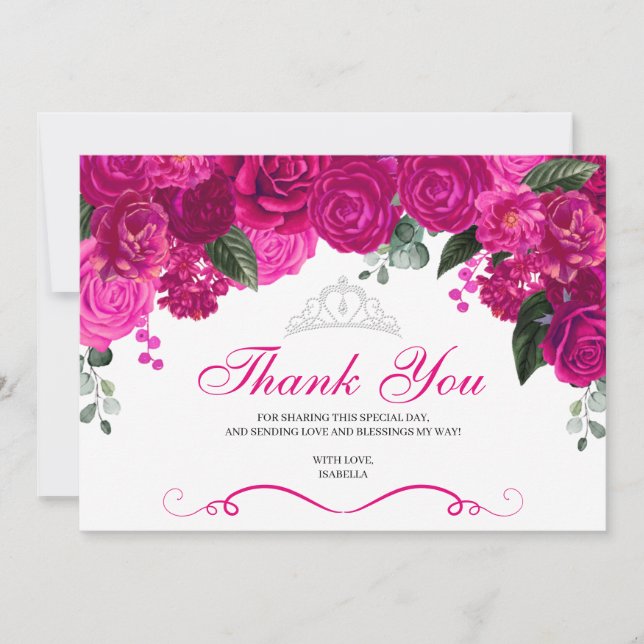 Elegant Fuchsia Pink Silver Floral Quinceanera  Th Thank You Card (Front)