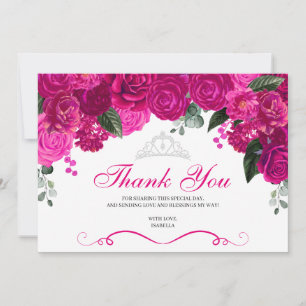 Elegant Fuchsia Pink Silver Floral Quinceanera  Th Thank You Card
