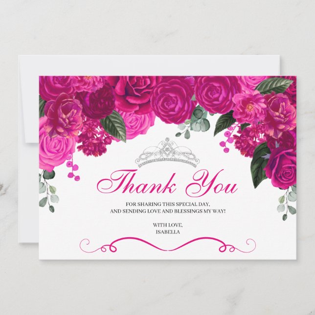 Elegant Fuchsia Pink Silver Floral Quinceanera  Thank You Card (Front)