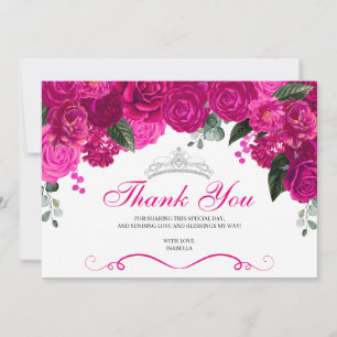 Elegant Fuchsia Pink Silver Floral Quinceanera  Thank You Card