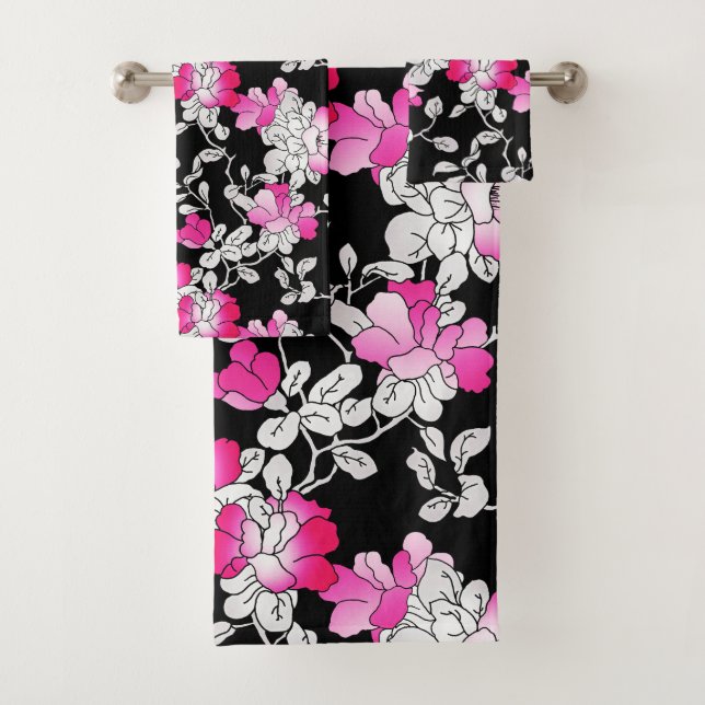 Elegant Fuchsia Pink White Black Floral Pattern Bath Towel Set (Insitu)
