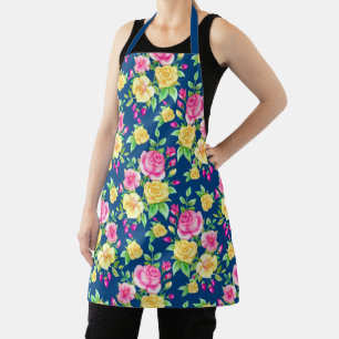 Elegant Fuchsia Pink Yellow Rose Floral Pattern Apron