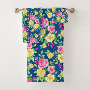 Elegant Fuchsia Pink Yellow Rose Floral Pattern Bath Towel Set