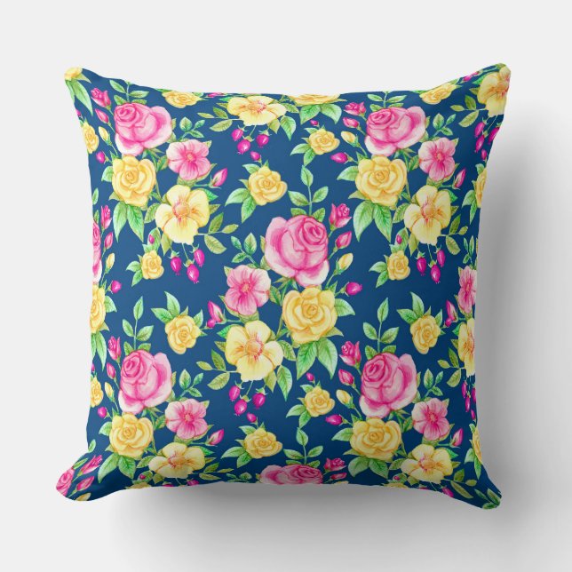 Elegant Fuchsia Pink Yellow Rose Floral Pattern Cushion (Front)