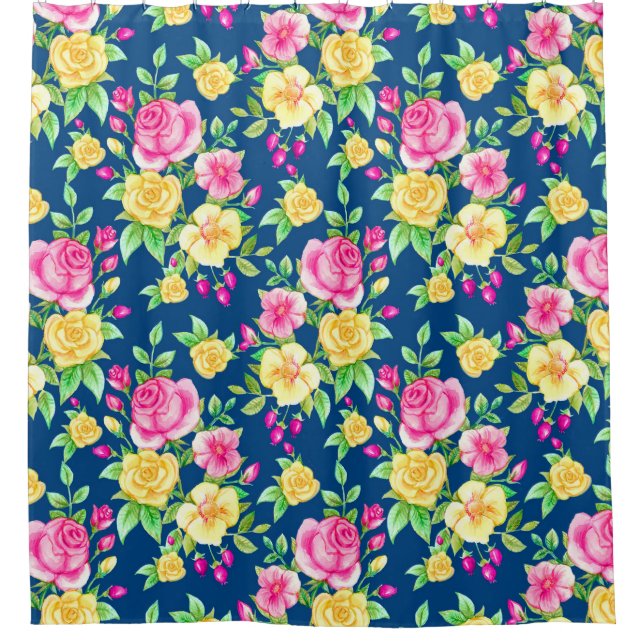 Elegant Fuchsia Pink Yellow Rose Floral Pattern Shower Curtain (Front)