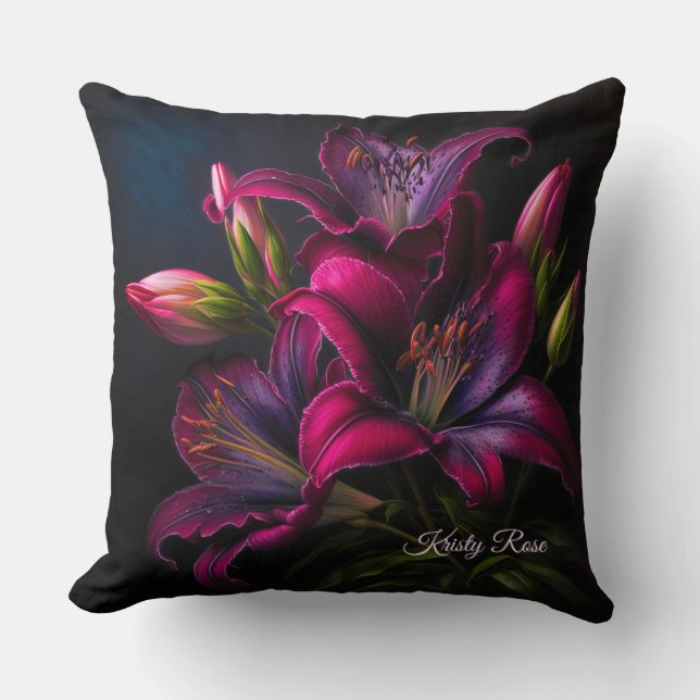 Elegant Fuchsia Red Burgundy Lily Flower Cushion (Front)
