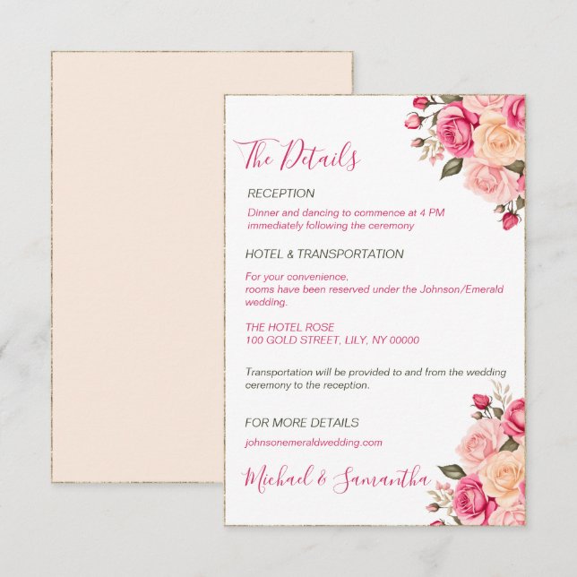 Elegant Fucia Pink and Ivory Rose Wedding Enclosure Card (Front/Back)