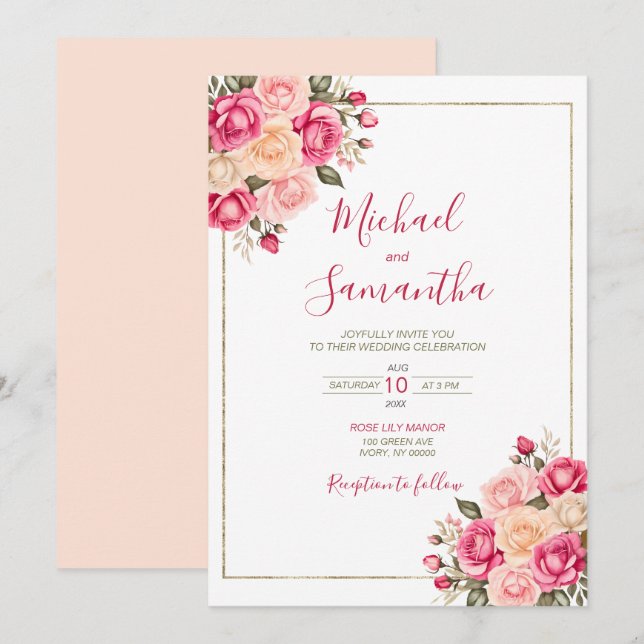 Elegant Fucia Pink and Ivory Rose Wedding Invitation (Front/Back)