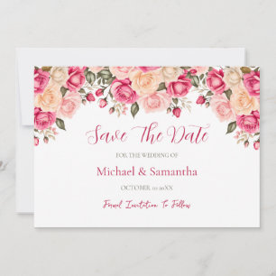 Elegant Fucia Pink and Ivory Rose Wedding Save The Date