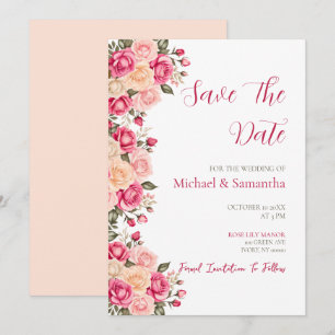 Elegant Fucia Pink and Ivory Rose Wedding Save The Date