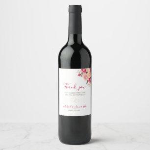 Elegant Fucia Pink and Ivory Rose Wedding Wine Label