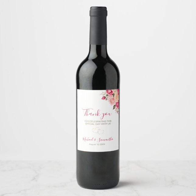 Elegant Fucia Pink and Ivory Rose Wedding Wine Label (Front)