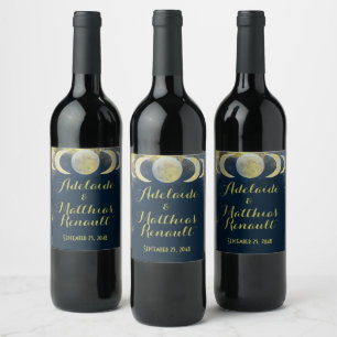 Elegant Full Moon Celestial Wedding: Blue & Gold Wine Label