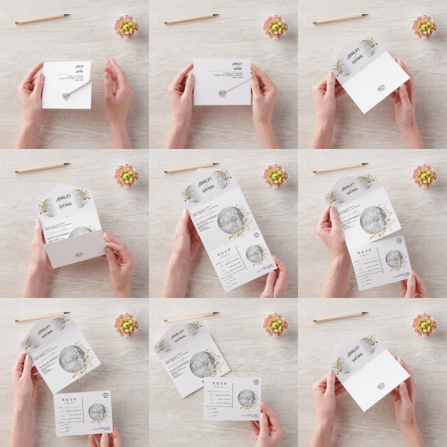 Elegant Full Moon Wildflower Gold Watercolor All In One Invitation