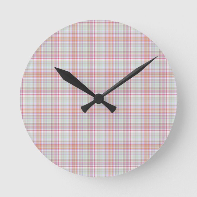 Elegant Fun, Classic Pink 'n Green Geometric Plaid Round Clock (Front)