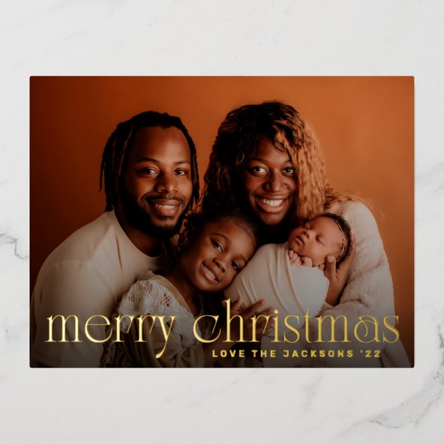 Elegant Fun Merry Christmas Family Gold Photo Foil Holiday Postcard (Front)