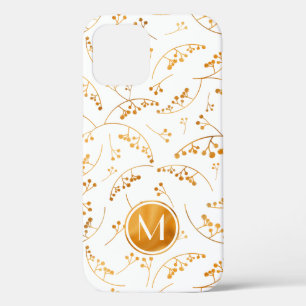Elegant fun monogram gold berry pattern on white iPhone 12 case