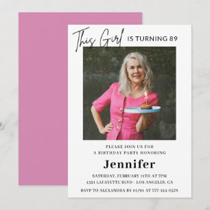 Elegant Fun Pink Photo 89th birthday  Invitation