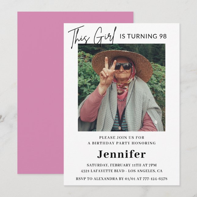 Elegant Fun Pink Photo 98th birthday  Invitation (Front/Back)