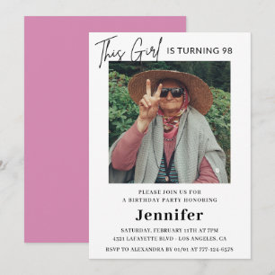Elegant Fun Pink Photo 98th birthday  Invitation