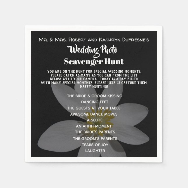 Elegant & Fun Wedding Photo Scavenger Hunt Napkin (Front)