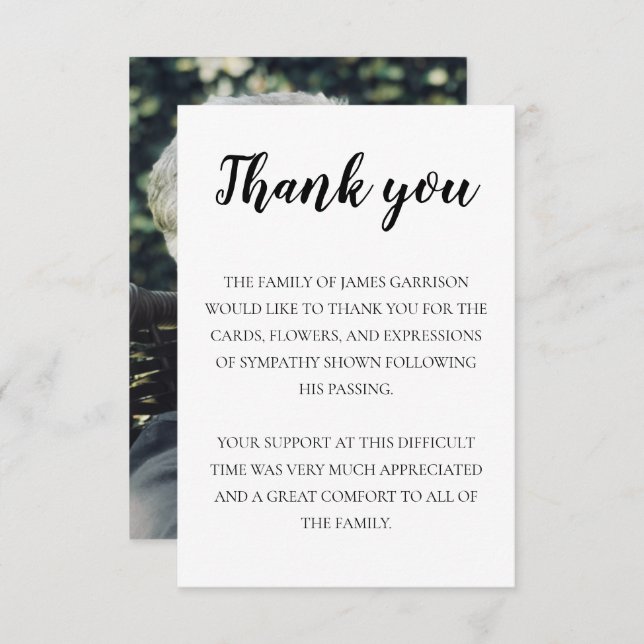 Elegant Funeral Black White Thank You With Photo (Front/Back)