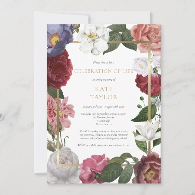 Elegant Funeral Celebration of Life Rose Floral Invitation (Front)