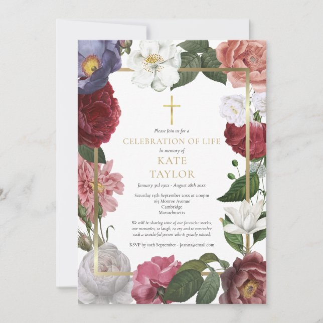 Elegant Funeral Celebration of Life Rose Floral  Invitation (Front)