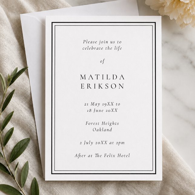 Elegant Funeral | Classic Celebration of Life Invitation (Personalized funeral invitation with classic border for celebration of life details.)