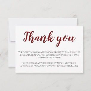 Elegant Funeral Dark Red And White Thank You Card